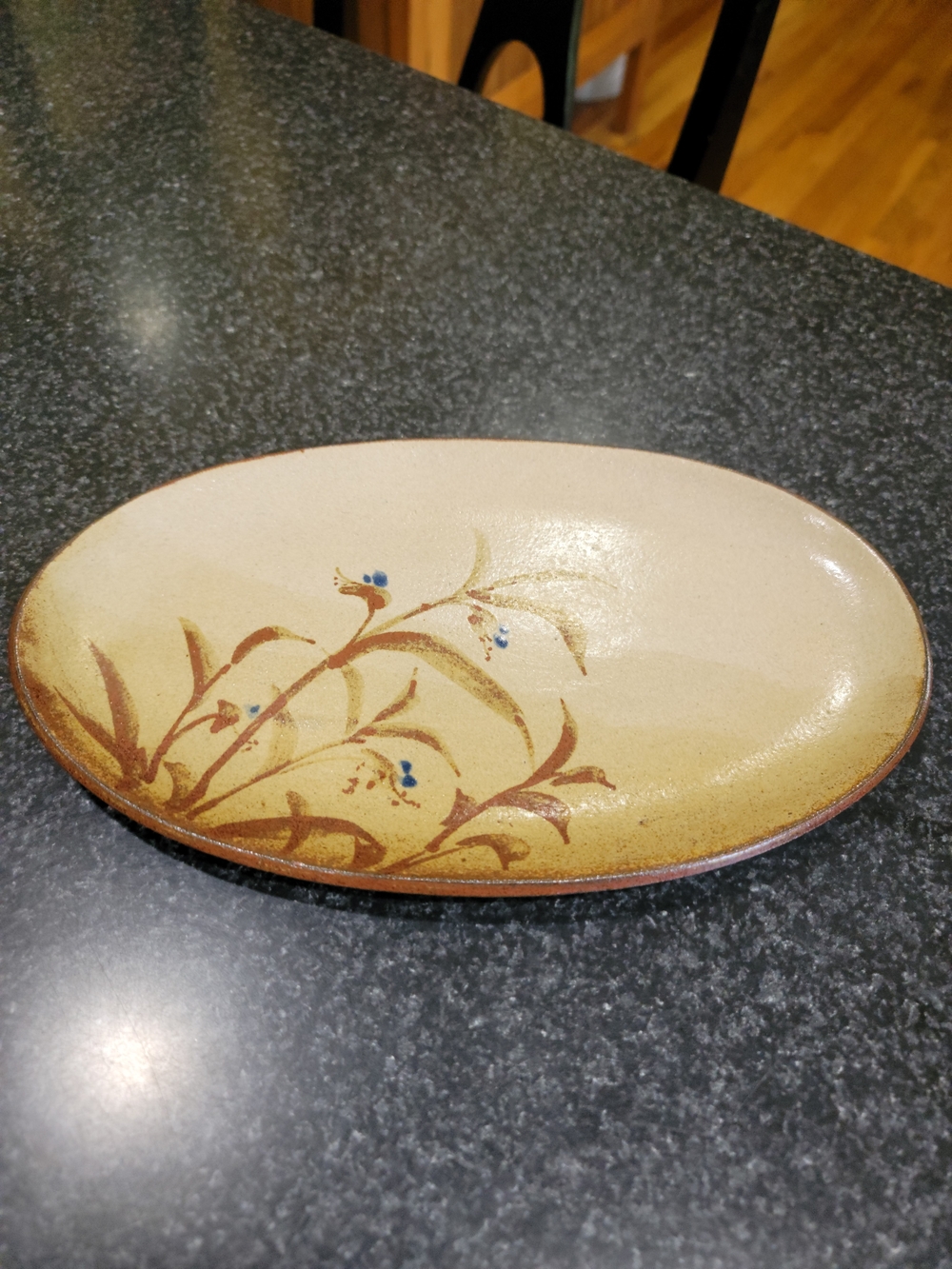 Vintage Japanese Studio Pottery Stoneware Oval Platter Signed Hand Painted Folk